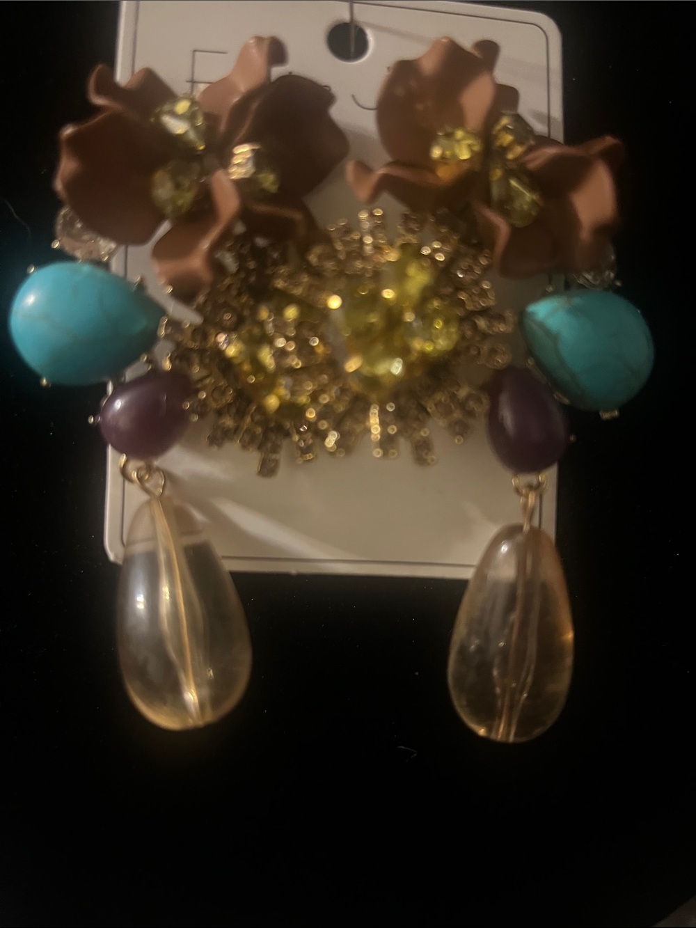 Floral Multi-Color Statement Drop Earrings - Turquoise, Purple & Gold